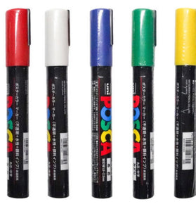 5 POSCA Marking Pens (Green, Blue, Yellow, White and Red) - QUEEN MARKING PEN
